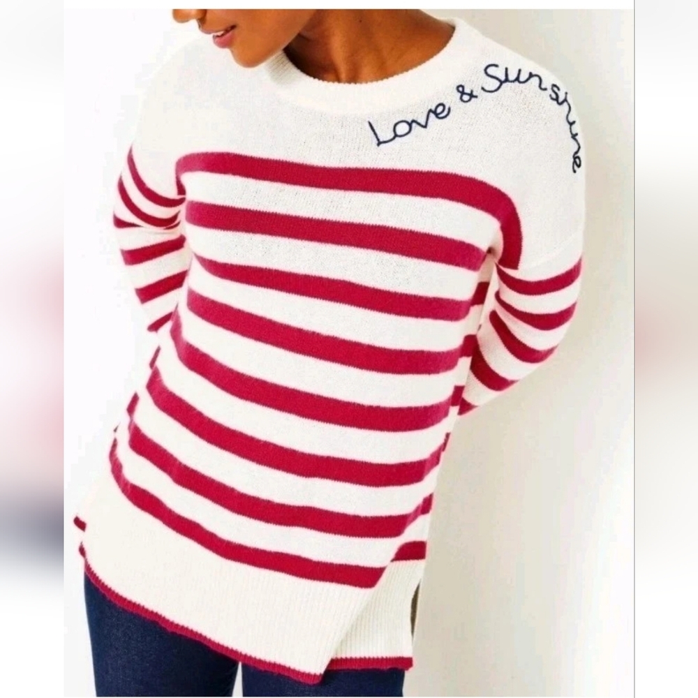 Lilly Pulitzer QUINCE SWEATER Red Cruise Stripe Cable Knit Love & Sunshine XS